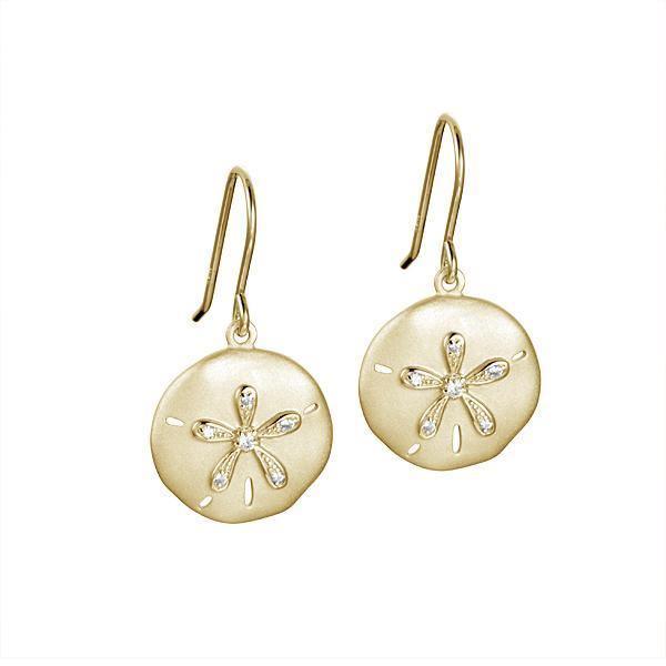 The picture shows a pair of yellow gold sand dollar hook earrings with topaz.