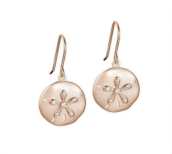 The picture shows a pair of rose gold sand dollar hook earrings with topaz.