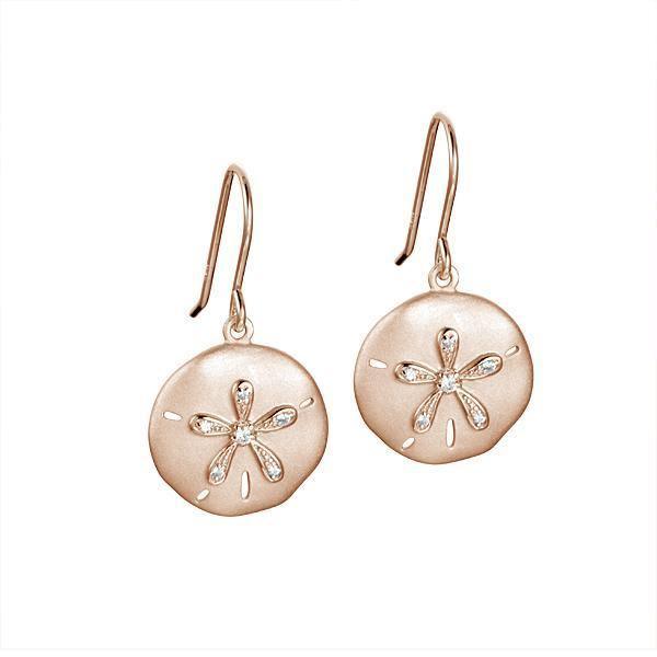 The picture shows a pair of rose gold sand dollar hook earrings with topaz.