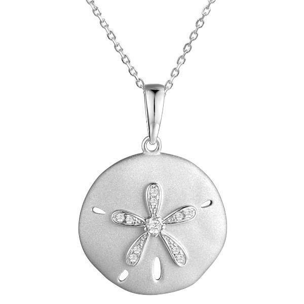 The picture shows a white gold sand dollar pendant with topaz.