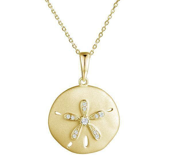 The picture shows a yellow gold sand dollar pendant with topaz.