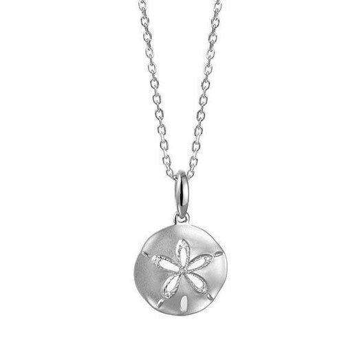 The picture shows a small 14K white gold sand dollar cut out pendant with diamonds.