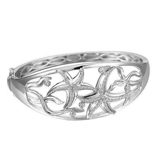 The picture shows a 925 sterling silver two starfish bangle with seaweed and topaz.