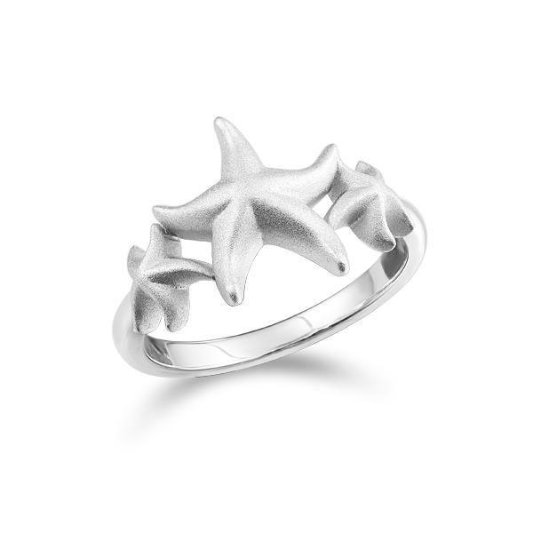 The picture shows a 925 sterling silver ring with three matte starfish