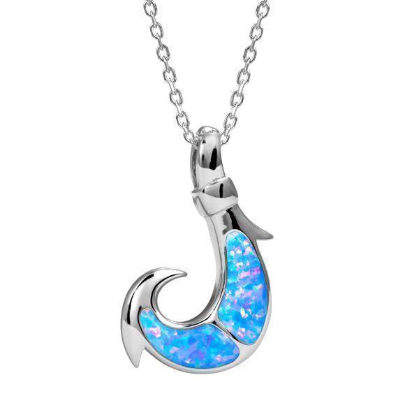 In this photo there is a sterling silver fish hook pendant with blue opalite gemstones.