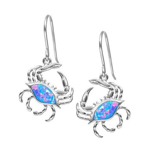 The picture shows a pair of 925 sterling silver opalite blue crab earrings.