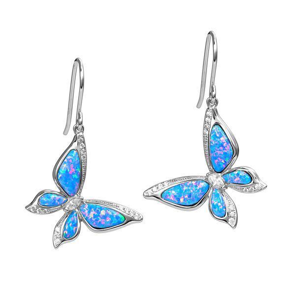 In this photo there is a pair of sterling silver butterfly hook earrings with blue opalite gemstones and topaz.