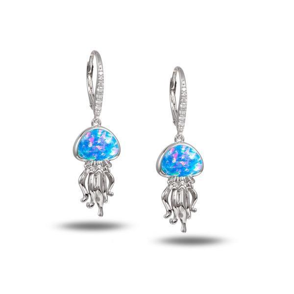 The picture shows a pair of 925 sterling silver opalite button jellyfish earrings with cubic zirconia.