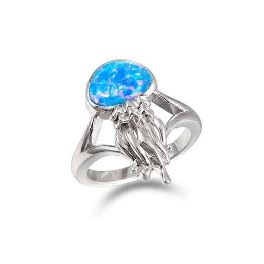 The picture shows a 925 sterling silver opalite button jellyfish ring with a split band