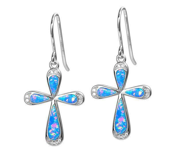 The picture shows a pair of 925 sterling silver opalite cross earrings with cubic zirconia.