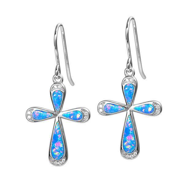 The picture shows a pair of 925 sterling silver opalite cross earrings with cubic zirconia.