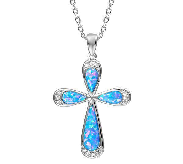 The picture shows a 925 sterling silver opalite cross pendant with cubic zirconia.