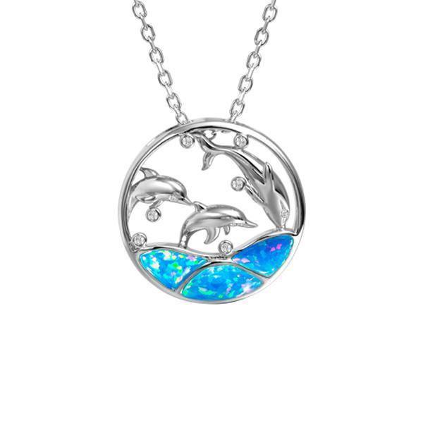 The picture shows a 925 sterling silver opalite three jumping dolphins pendant with topaz.