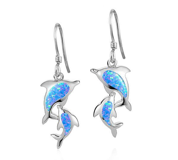 The picture shows a pair of 925 sterling silver opalite two dolphin earrings.