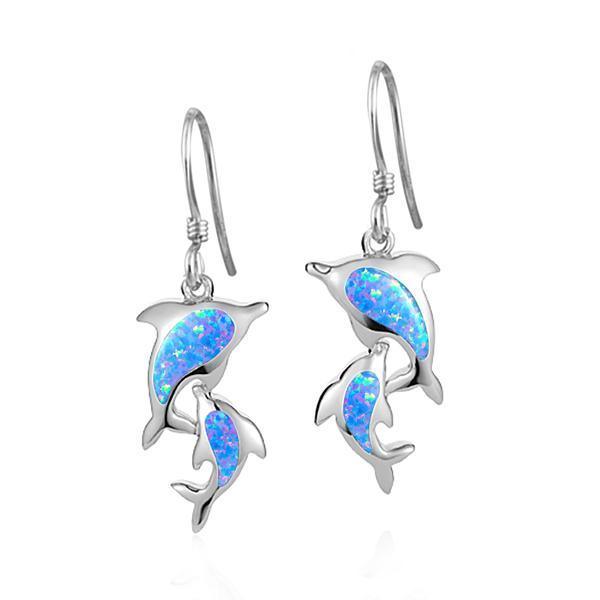 The picture shows a pair of 925 sterling silver opalite two dolphin earrings.