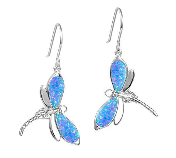 In this photo there is a pair of sterling silver dragonfly dangle earrings with blue opalite gemstones.