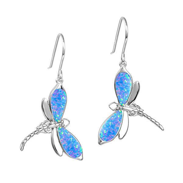 In this photo there is a pair of sterling silver dragonfly dangle earrings with blue opalite gemstones.