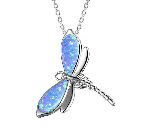 In this photo there is a sterling silver dragonfly pendant with blue opalite.