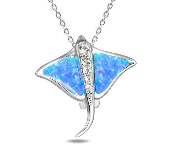 The picture shows a 925 sterling silver opalite eagle ray pendant with cubic zirconia.