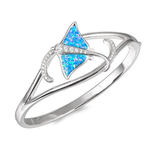 The picture shows a 925 sterling silver eagle ray bangle with two opalite gemstones and topaz.