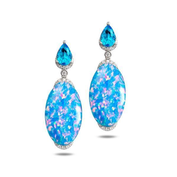 The photo shows a pair of 925 sterling silver opalite earrings with topaz and cubic zirconia.