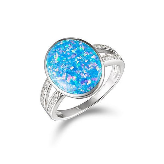 This image shows a 925 sterling silver split band ring paired with an oval blue opalite gemstone and topaz