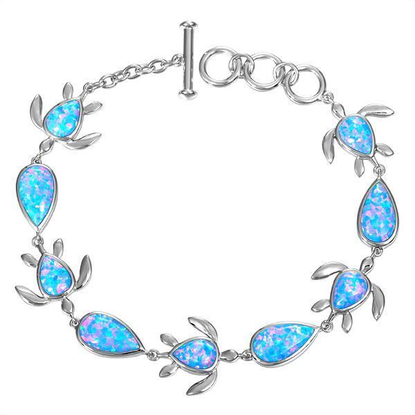 The picture shows a 925 sterling silver opalite sea turtle and teardrop charm bracelet.