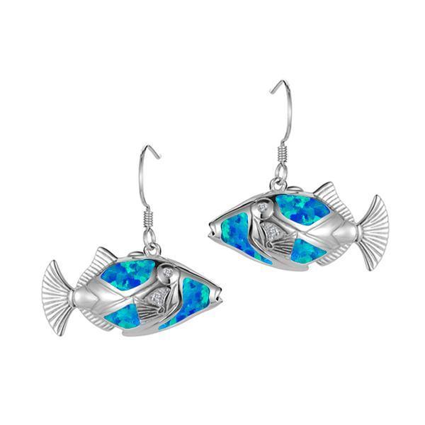 The picture shows a pair of 925 sterling silver opalite humuhumu hook earrings with cubic zirconia.