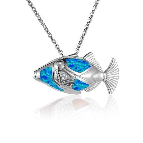 The picture shows a 925 sterling silver opalite humuhumu pendant with cubic zirconia.