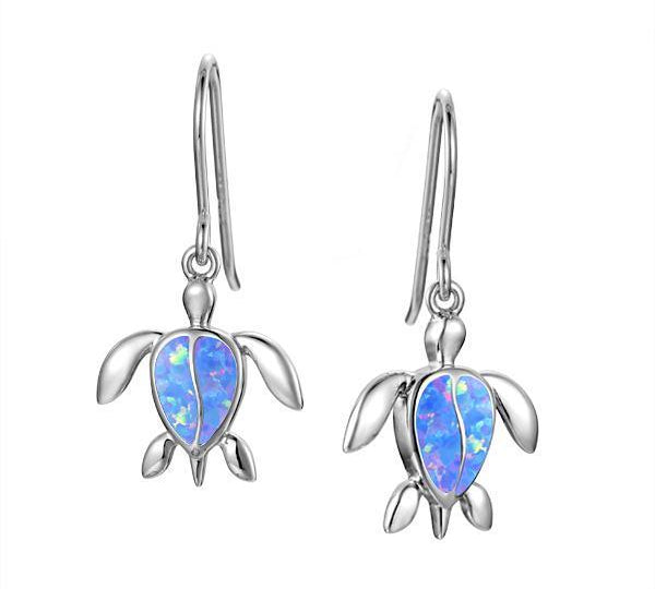 The picture shows a pair of 925 sterling silver opalite sea turtle hook earrings.