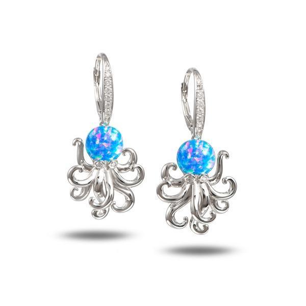The picture shows a pair of 925 sterling silver opalite octopus earrings with cubic zirconia.
