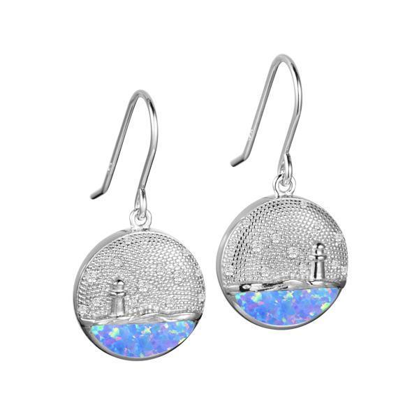In this photo there is a pair of sterling silver lighthouse medallion hook earrings with blue opalite and topaz gemstones.