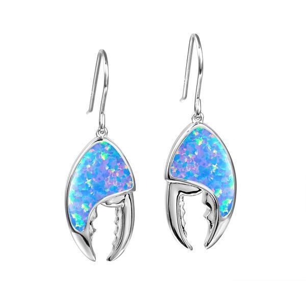 In this photo there is a pair of sterling silver lobster claw hook earrings with blue opalite gemstones.