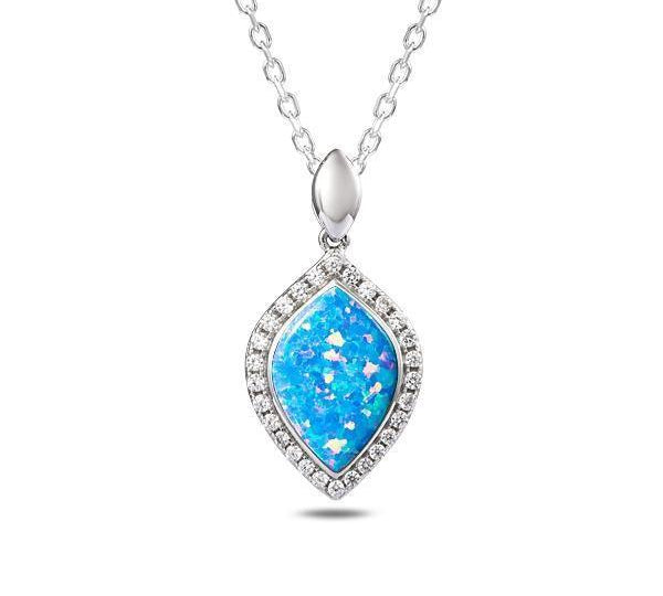 The picture shows a 925 sterling silver opalite mandorla pendant with cubic zirconia.