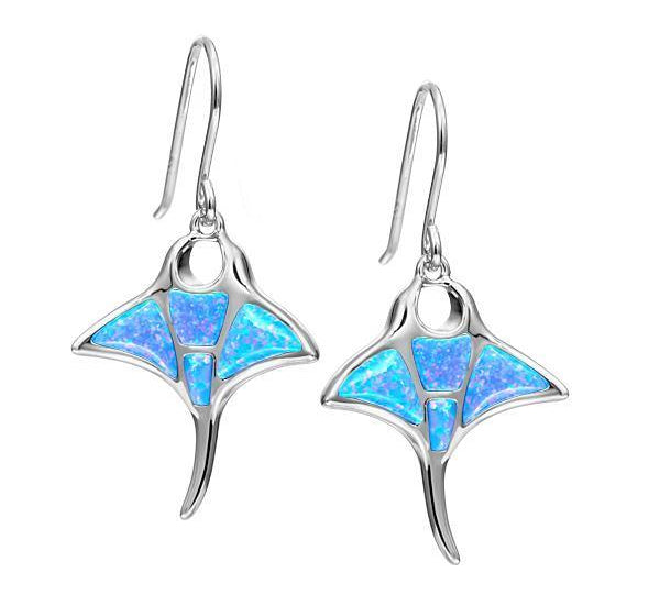 The picture shows a pair of 925 sterling silver opalite manta ray hook earrings.