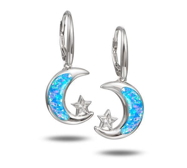 The picture shows a pair of 925 sterling silver opalite moon and star earrings and topaz.