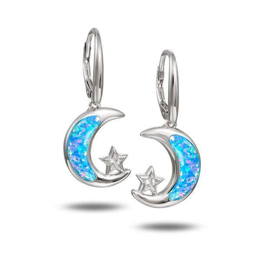 The picture shows a pair of 925 sterling silver opalite moon and star earrings and topaz.