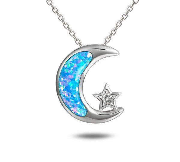 The picture shows a 925 sterling silver opalite moon and star pendant with topaz.