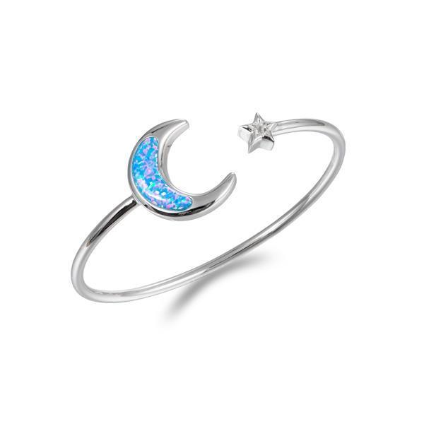 The picture shows a 925 sterling silver moon and star bangle with opalite and topaz.