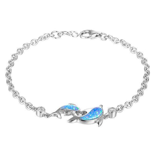 The picture shows a 925 sterling silver opalite two dolphin lovers bracelet with cubic zirconia.