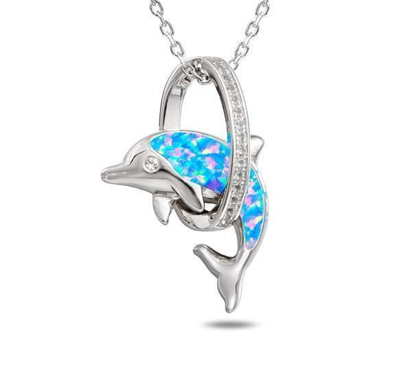 The picture shows a 925 sterling silver opalite dolphin through a circle pendant with topaz.