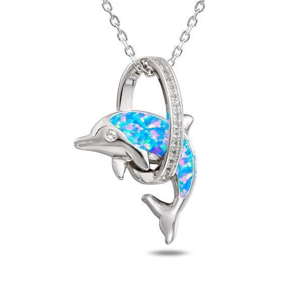 The picture shows a 925 sterling silver opalite dolphin through a circle pendant with topaz.