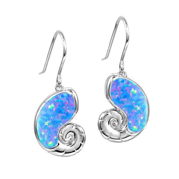 The picture shows a pair of a 925 sterling silver opalite nautilus shell hook earrings.