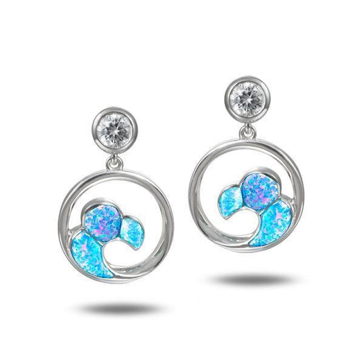 The picture shows a pair of 925 sterling silver opalite big wave earrings with topaz.