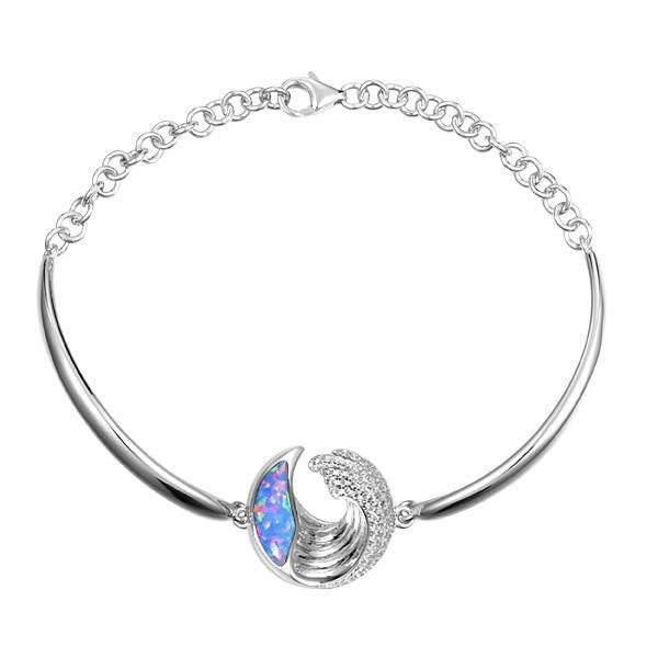 The picture shows a 925 sterling silver opalite ocean wave bracelet with cubic zirconia.