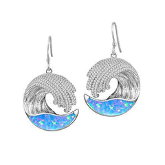 The picture shows a pair of 925 sterling silver opalite ocean wave hook earrings with cubic zirconia.