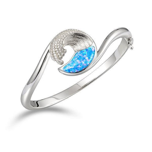 The picture shows a 925 sterling silver wave bangle with opalite and cubic zirconia.