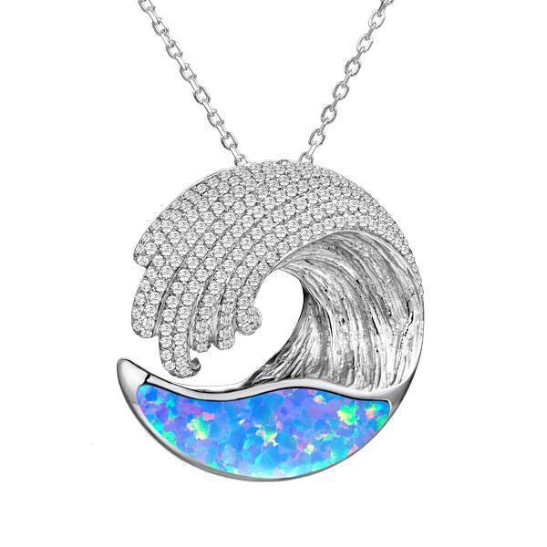 The picture shows a 925 sterling silver opalite ocean wave pendant with cubic zirconia.