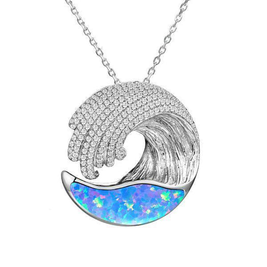The picture shows a 925 sterling silver opalite ocean wave pendant with cubic zirconia.