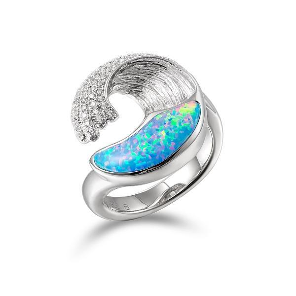 The picture shows a 925 sterling silver opalite ocean wave ring with cubic zirconia.